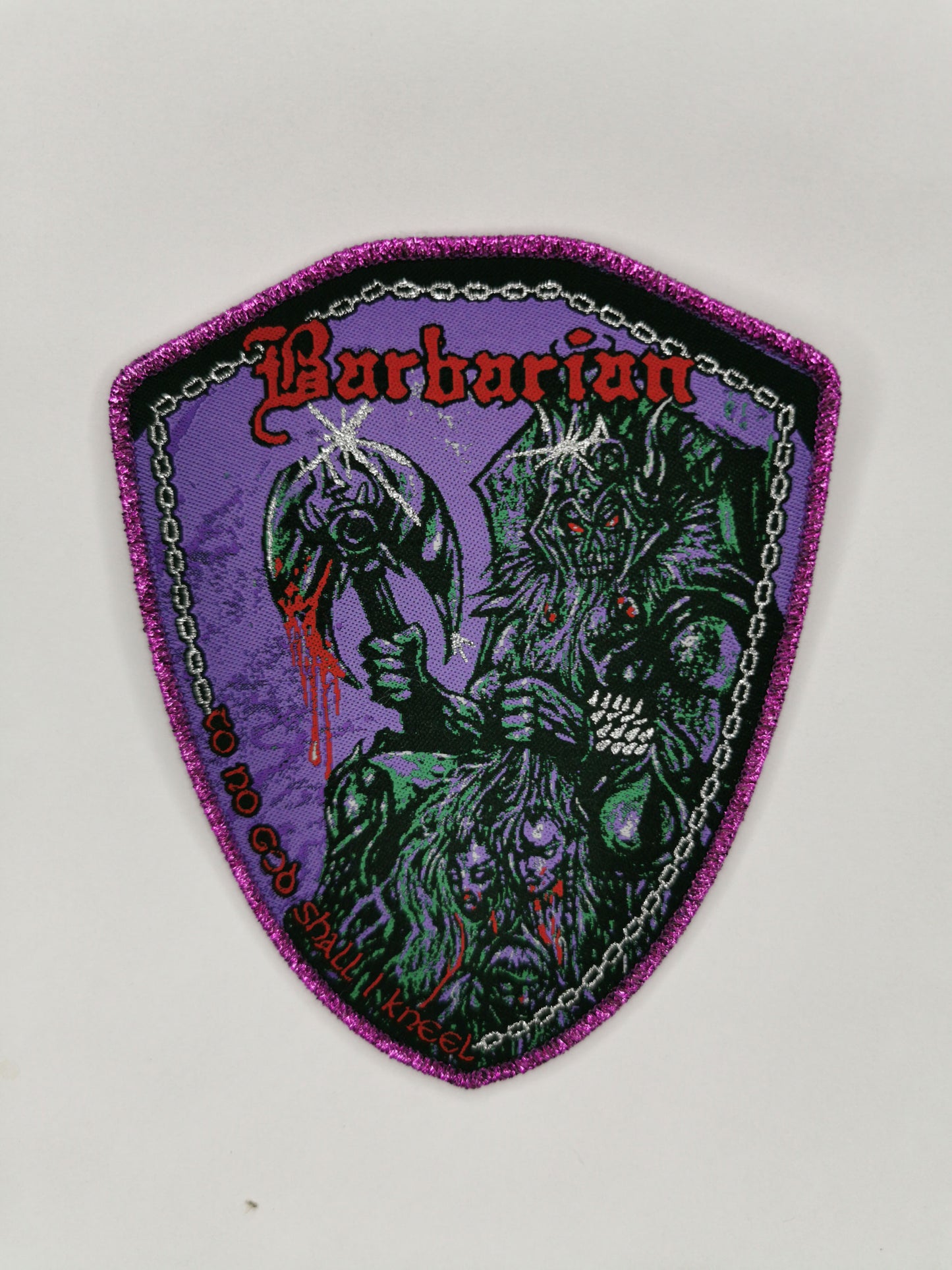 Temporal Dimensions Patches Barbarian To know god I Kneel Purple Glitter Border
