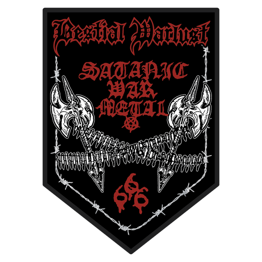 A black shield-shaped patch with a black border, featuring the words 'Bestial Warlust' in gothic font at the top, 'SATANIC WAR METAL' in red in the center, two white axes on either side, barbed wire across the middle, and a red '666' at the bottom.