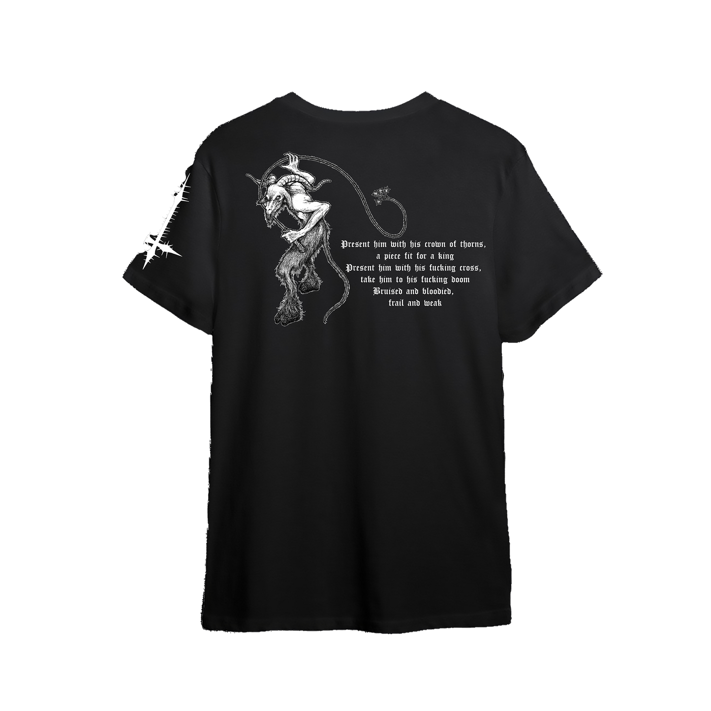 A black short-sleeve t-shirt with a white graphic print on the front. The graphic features a stylized horned figure holding a whip, accompanied by a quote about a horse.