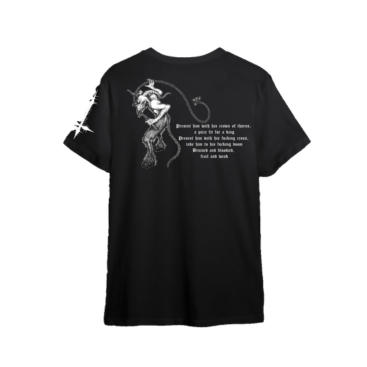 A black short-sleeve t-shirt with a white graphic print on the front. The graphic features a stylized horned figure holding a whip, accompanied by a quote about a horse.
