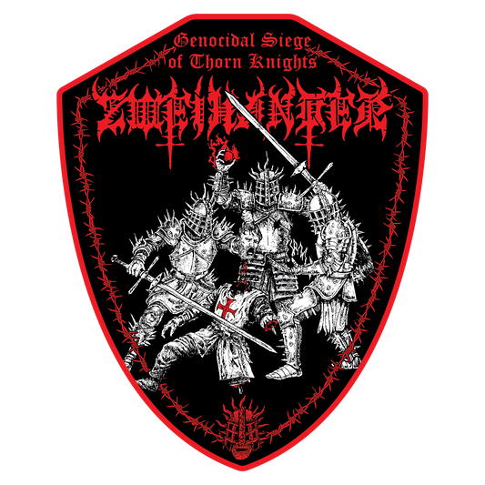 A shield-shaped black patch with a red border, featuring a detailed white illustration of armored knights with swords and crosses, topped with the text 'Genocidal Siege of Thorn Knights' and a red spiky logo.