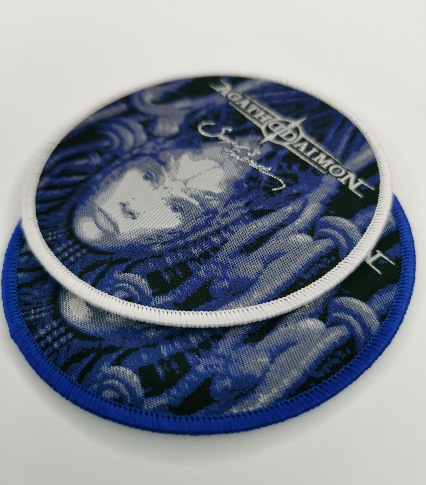 Agathodaimon Serpents Embrace German Gothic Black Metal Blue and White Border Woven Metal Patches