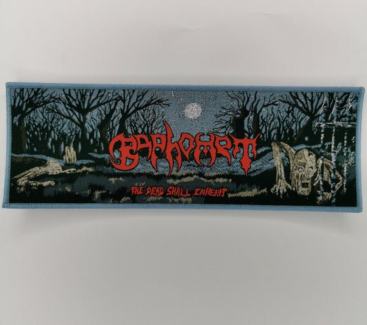 Baphomet The Death Shall Inherit Light Blue Border Woven Strip Patch Old School Death Metal