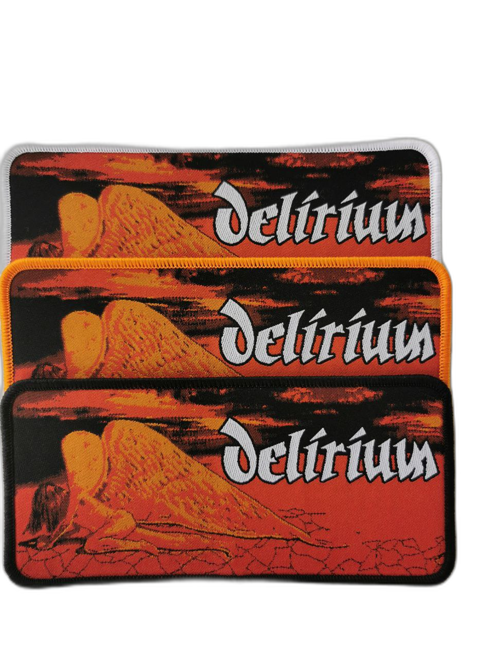 Delirium Black Border White Border Orange Border Woven Metal Patches