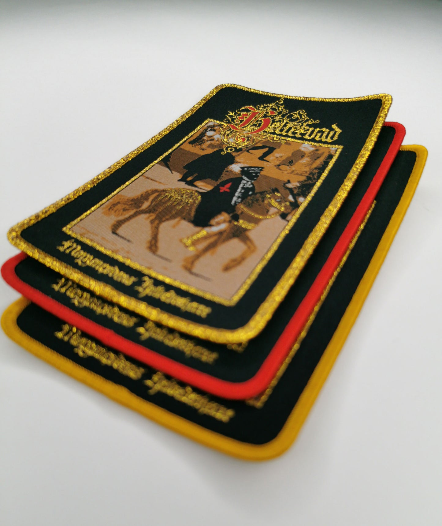 Heltekvad Morgenrødens Helvedesherre Red, Golden and Golden Glitter Border Woven Metal Patches Danish Medieval Black Metal