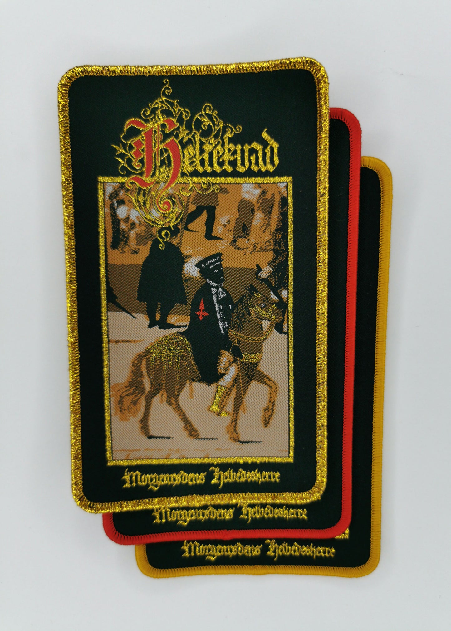 Heltekvad Morgenrødens Helvedesherre Red, Golden and Golden Glitter Border Woven Patches Danish Medieval Black Metal