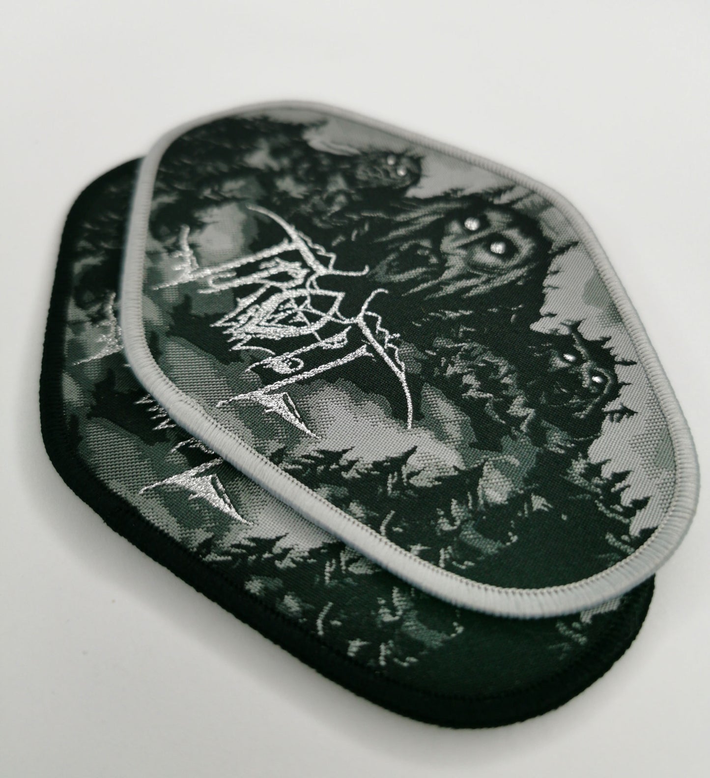 Troll Tilbake Til Trollberg Gray and Black Border Woven Metal Patches Norwegian Black Metal