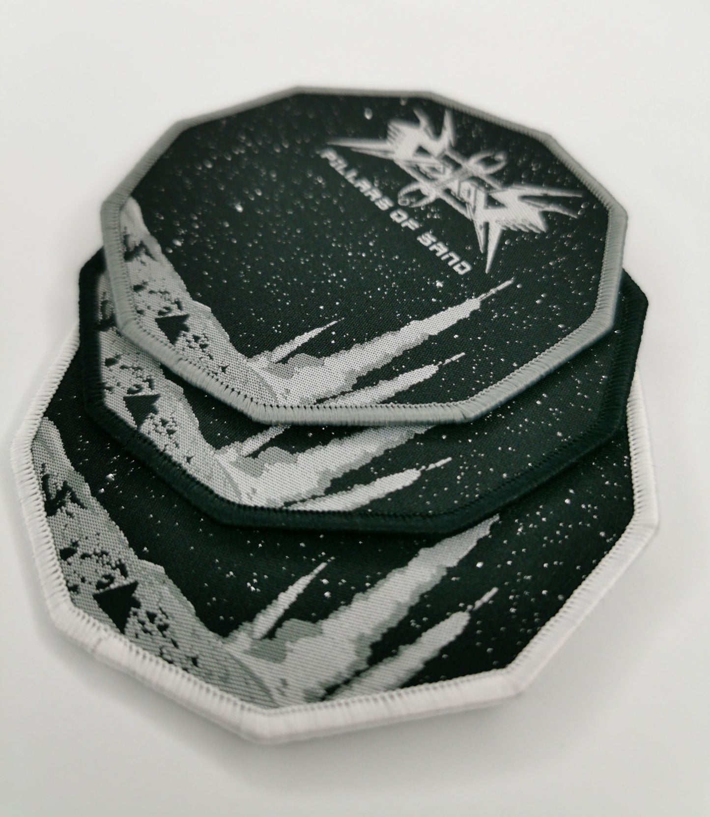 Vektor Pillars of Sand Black, White and Gray Border Woven Patches Progressive Thrash Metal