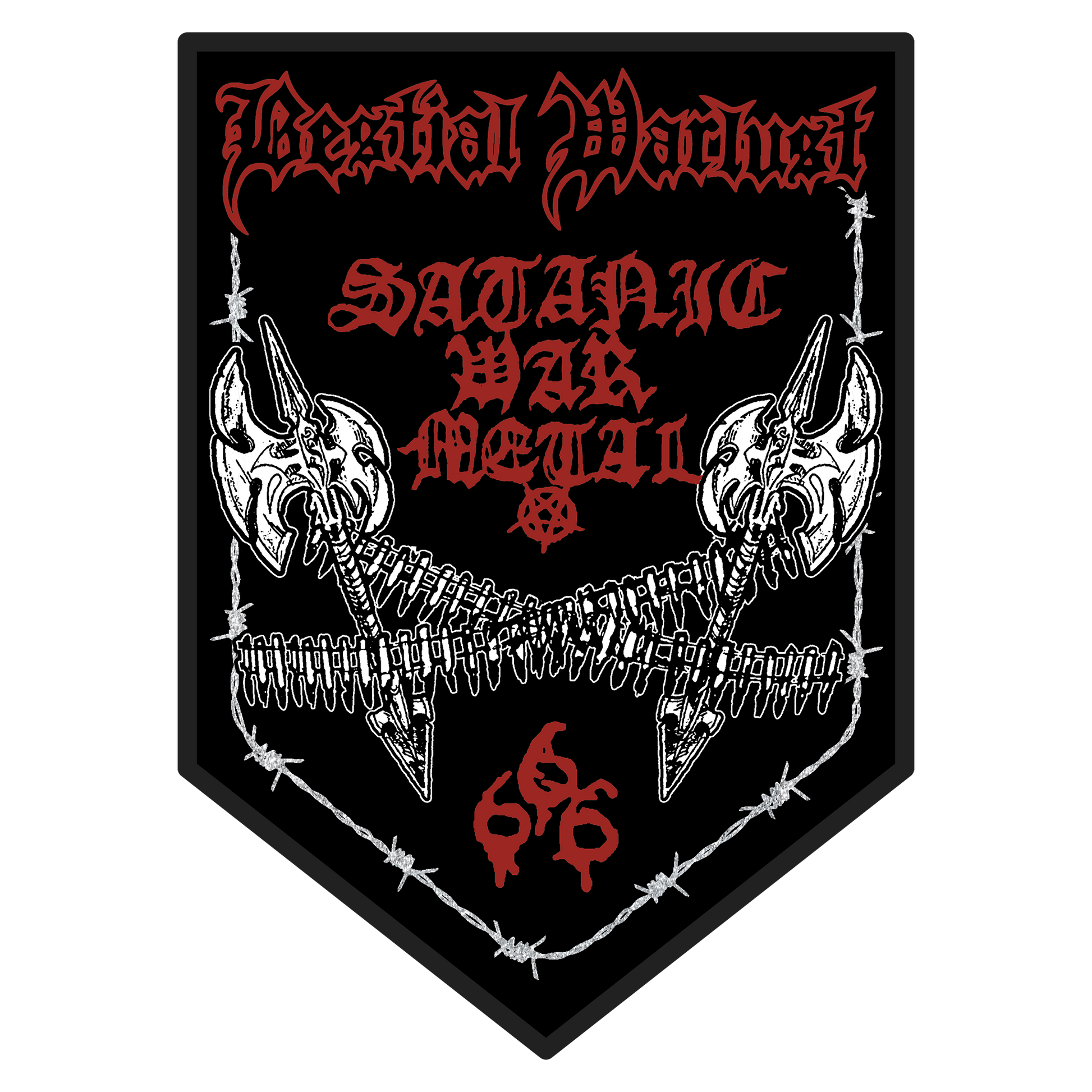 A black shield-shaped patch with a black border, featuring the words 'Bestial Warlust' in gothic font at the top, 'SATANIC WAR METAL' in red in the center, two white axes on either side, barbed wire across the middle, and a red '666' at the bottom.