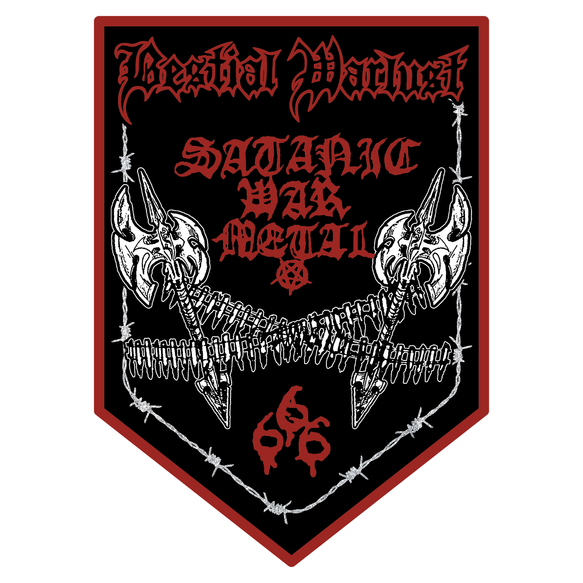 A black shield-shaped patch with a red border, featuring the words 'Bestial Warlust' in gothic font at the top, 'SATANIC WAR METAL' in red in the center, two white axes on either side, barbed wire across the middle, and a red '666' at the bottom.