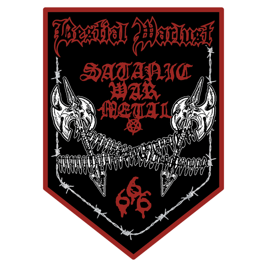 A black shield-shaped patch with a red border, featuring the words 'Bestial Warlust' in gothic font at the top, 'SATANIC WAR METAL' in red in the center, two white axes on either side, barbed wire across the middle, and a red '666' at the bottom.