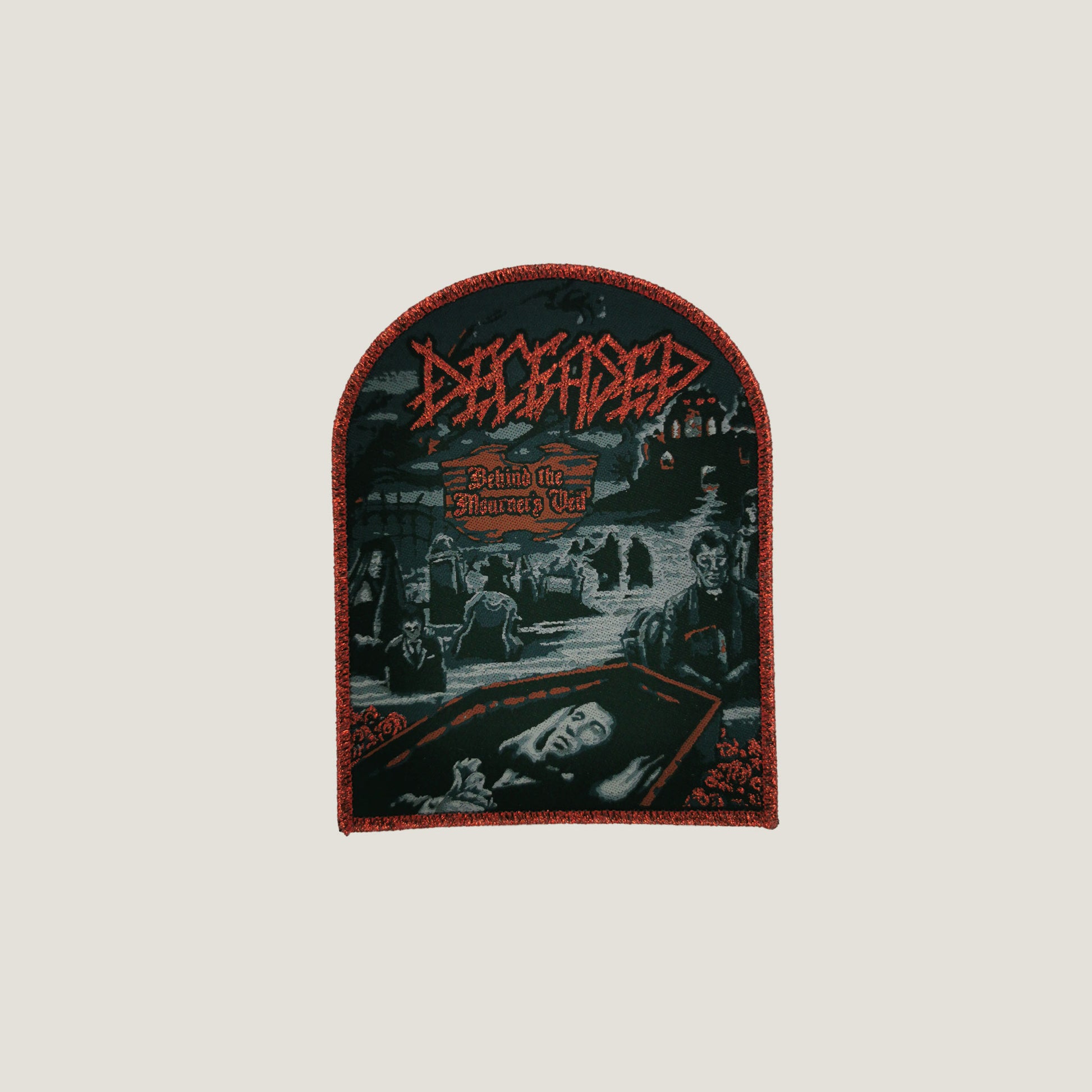 Temporal Dimensions Patches Deceased Behind the Mourners Veil Red Glitter Border Woven Patch