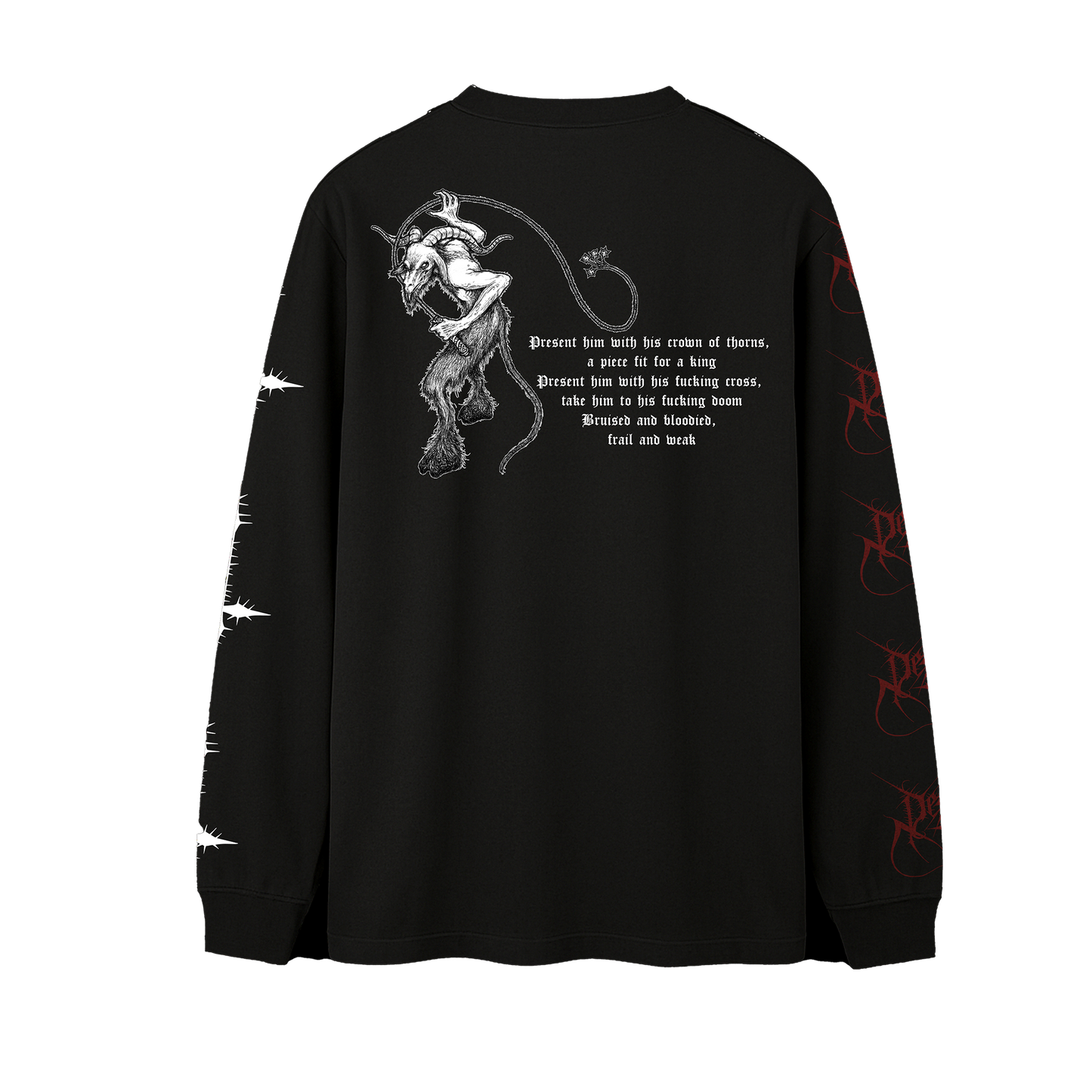 A black long-sleeve t-shirt shown from the back, featuring a white graphic of a horned devil figure with a whip and a block of gothic text. The right sleeve has white barbed wire graphics, and the left sleeve has red gothic script graphics.