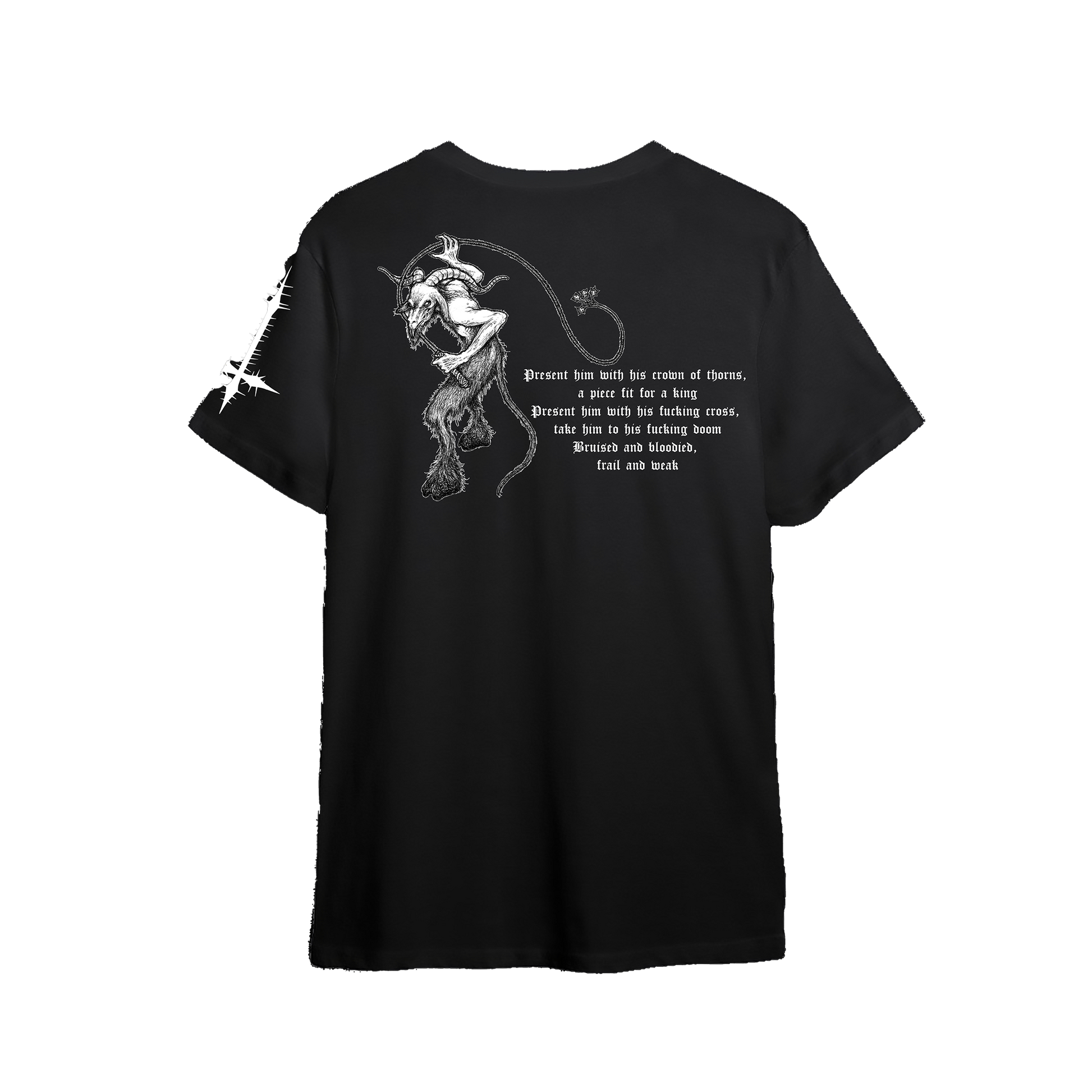 A black short-sleeve t-shirt with a white graphic print on the front. The graphic features a stylized horned figure holding a whip, accompanied by a quote about a horse.