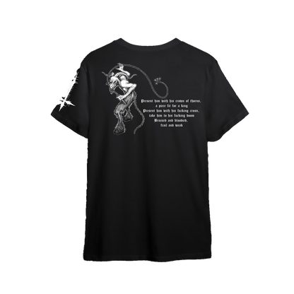 A black short-sleeve t-shirt with a white graphic print on the front. The graphic features a stylized horned figure holding a whip, accompanied by a quote about a horse.