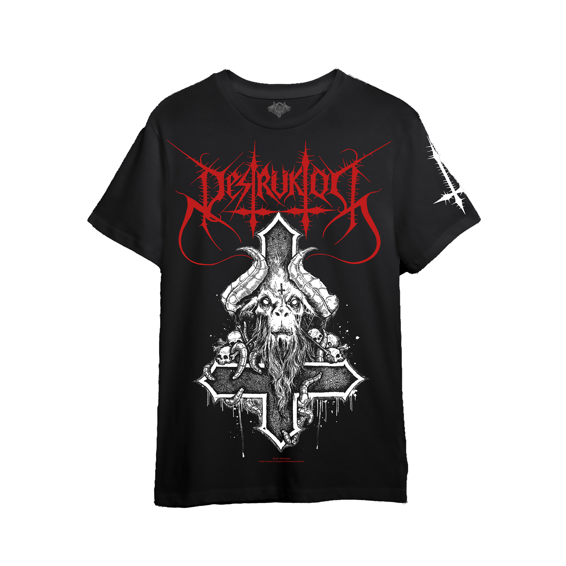 A black short-sleeve graphic t-shirt featuring the red and white metal band Disturbed's 'Ride the Lightning' album artwork, including a horned skull and cross design.