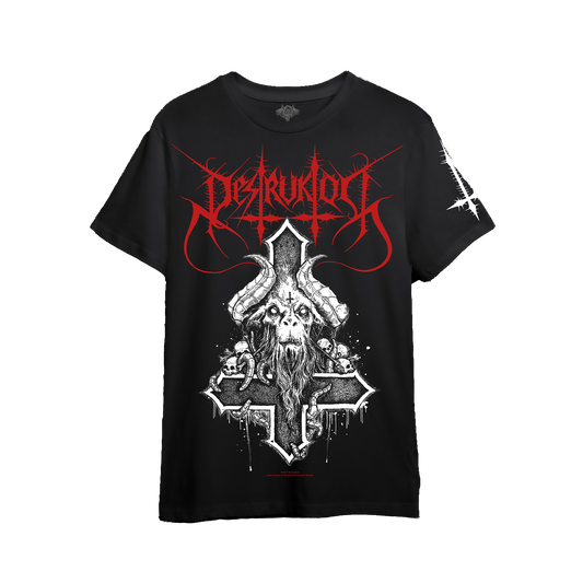 A black short-sleeve graphic t-shirt featuring the red and white metal band Disturbed's 'Ride the Lightning' album artwork, including a horned skull and cross design.