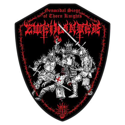 A black shield-shaped patch featuring a white and red graphic design with the text 'Genocidal Siege of Thorn Knights' and a spiky metal-style logo at the top, surrounded by a red barbed-wire border and illustrated armored figures with crosses.