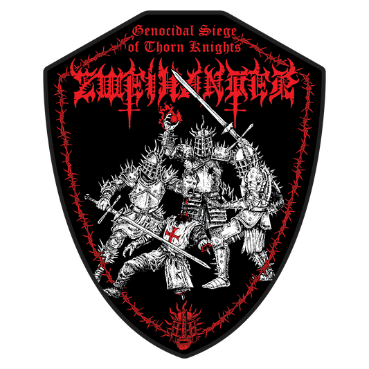 A black shield-shaped patch featuring a white and red graphic design with the text 'Genocidal Siege of Thorn Knights' and a spiky metal-style logo at the top, surrounded by a red barbed-wire border and illustrated armored figures with crosses.