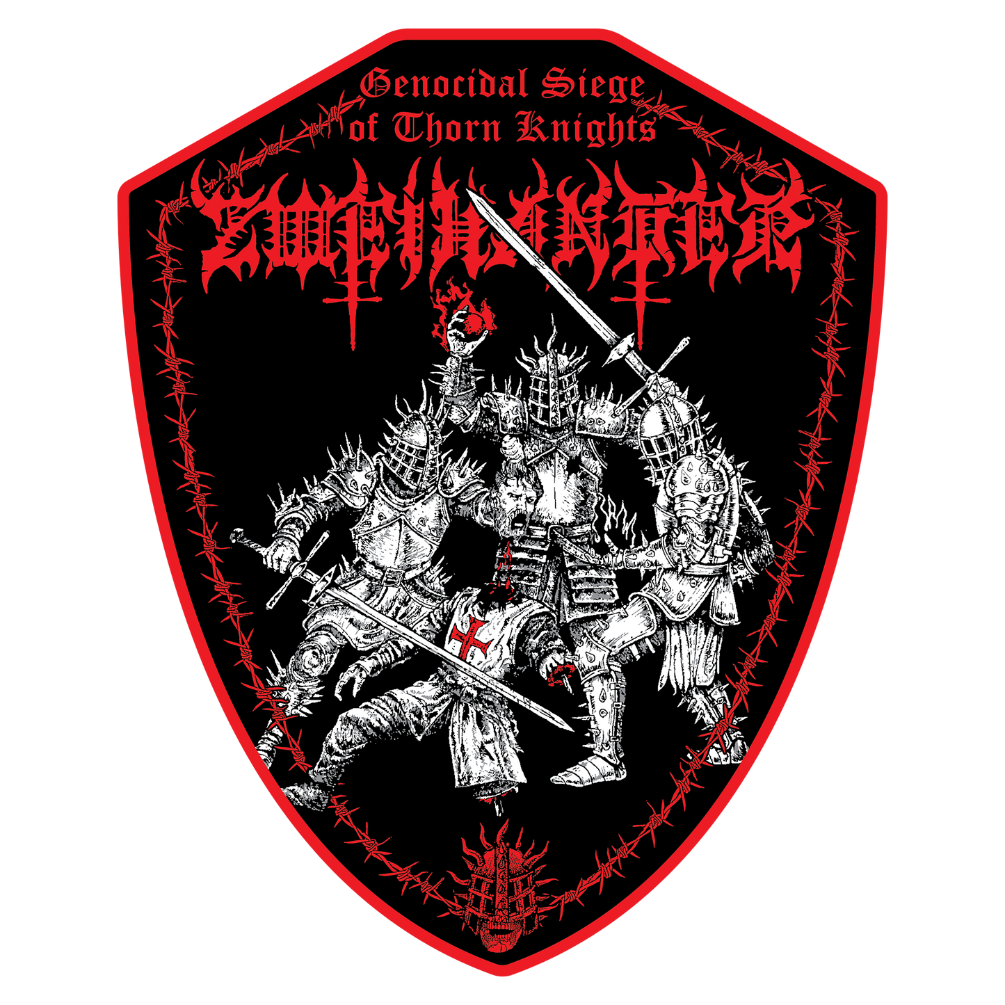 A shield-shaped black patch with a red border, featuring a detailed white illustration of armored knights with swords and crosses, topped with the text 'Genocidal Siege of Thorn Knights' and a red spiky logo.