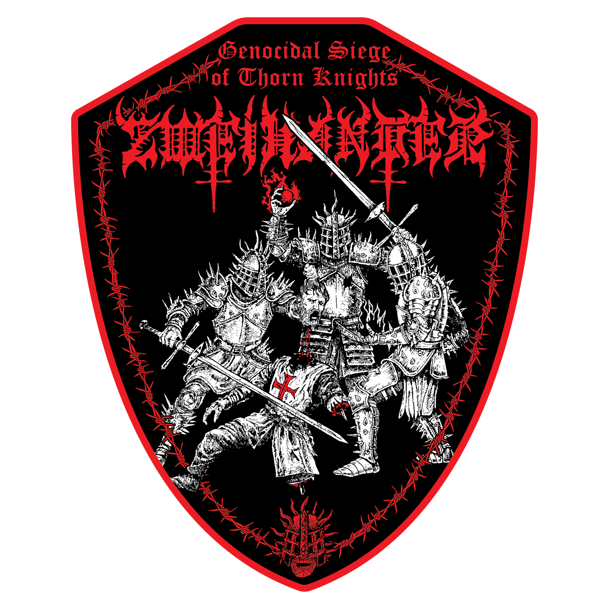 A shield-shaped black patch with a red border, featuring a detailed white illustration of armored knights with swords and crosses, topped with the text 'Genocidal Siege of Thorn Knights' and a red spiky logo.
