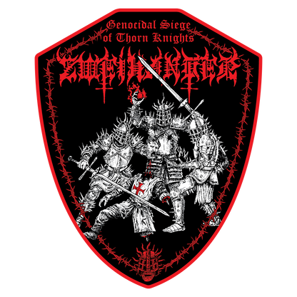 A shield-shaped black patch with a red border, featuring a detailed white illustration of armored knights with swords and crosses, topped with the text 'Genocidal Siege of Thorn Knights' and a red spiky logo.