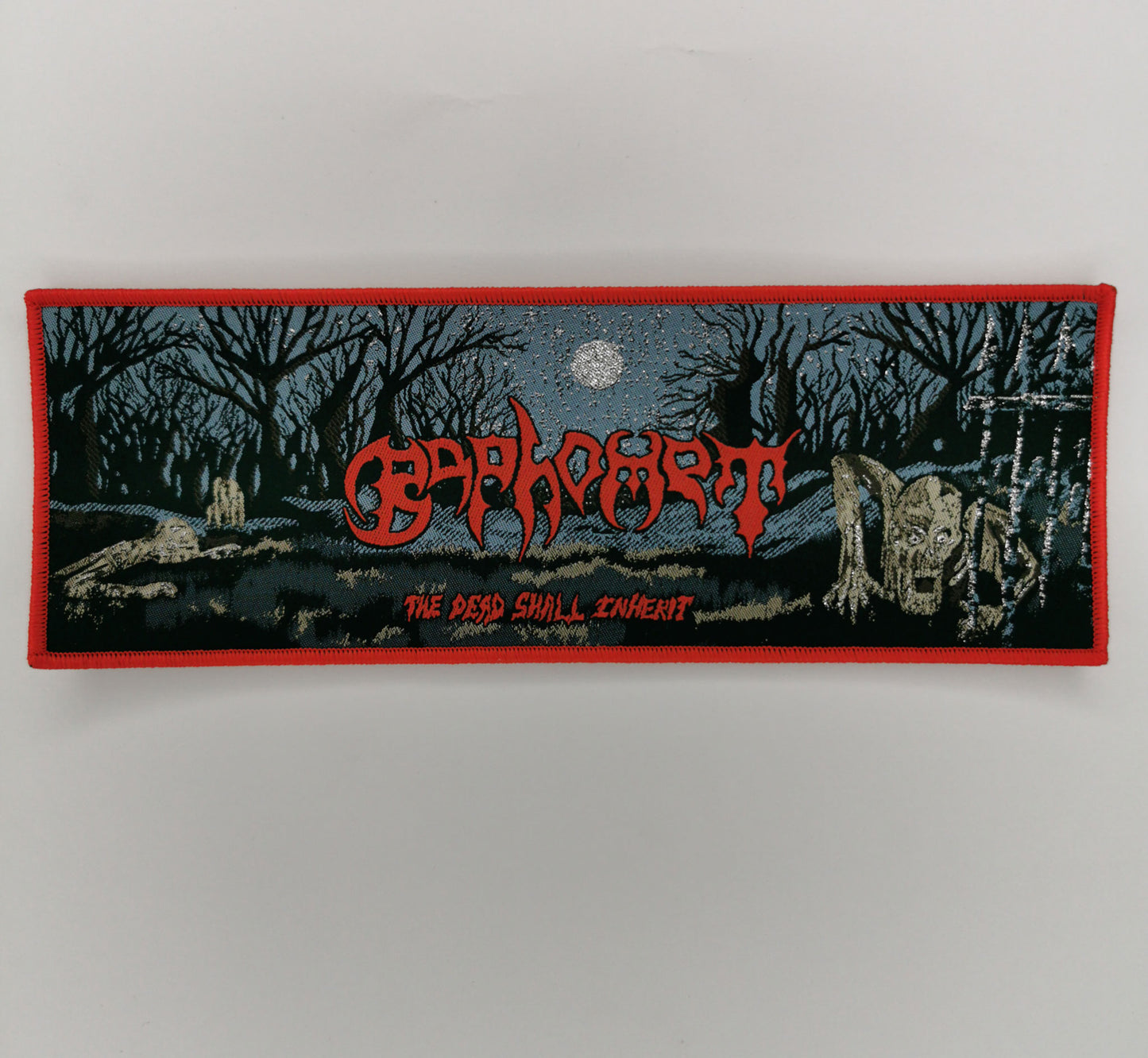 Baphomet The Death Shall Inherit Red Border Woven Strip Patch Old School Death Metal