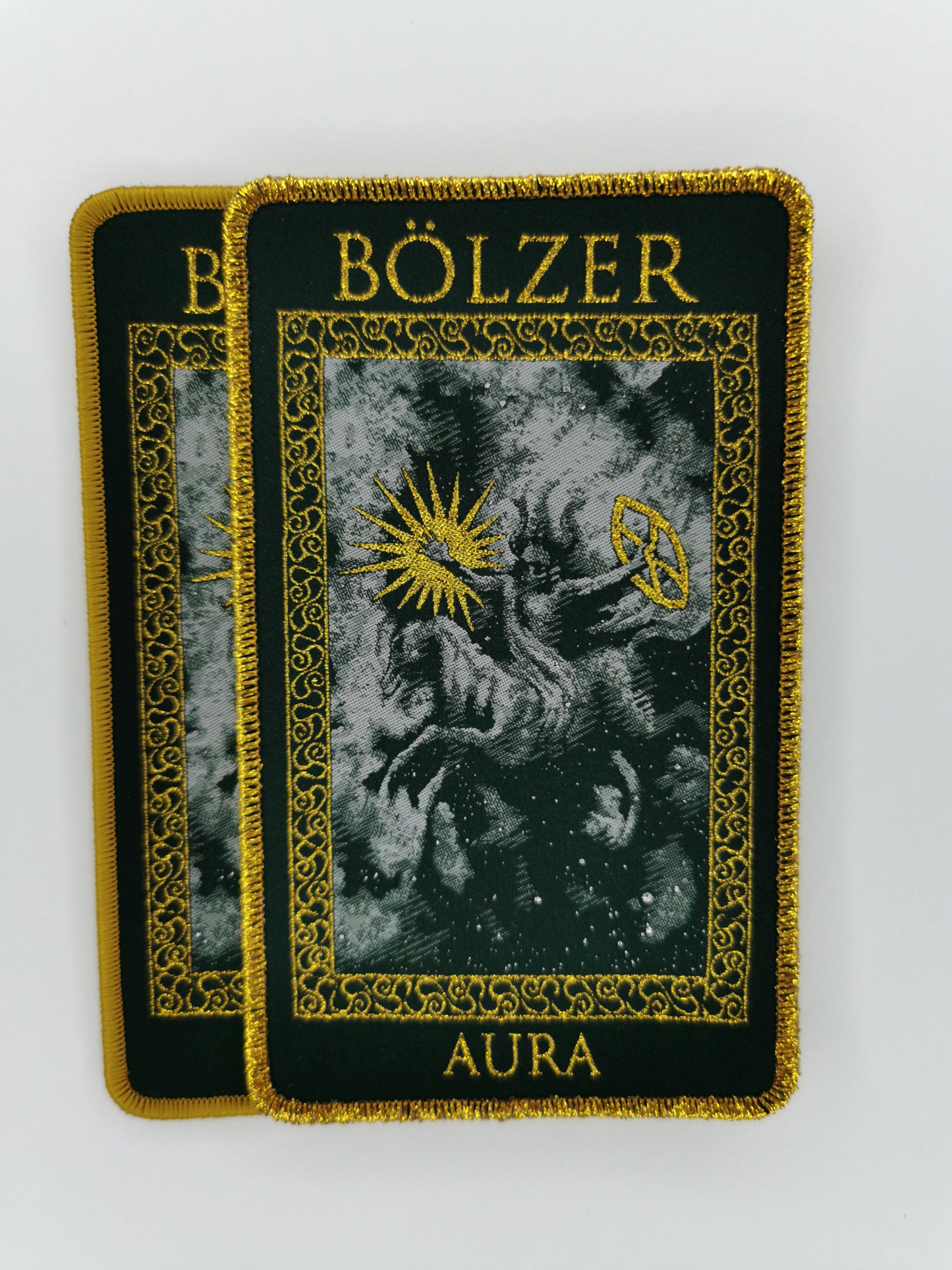 Bolzer Aura Golden and Golden Glitter BorderWoven Patches Swiss Black Death Metal