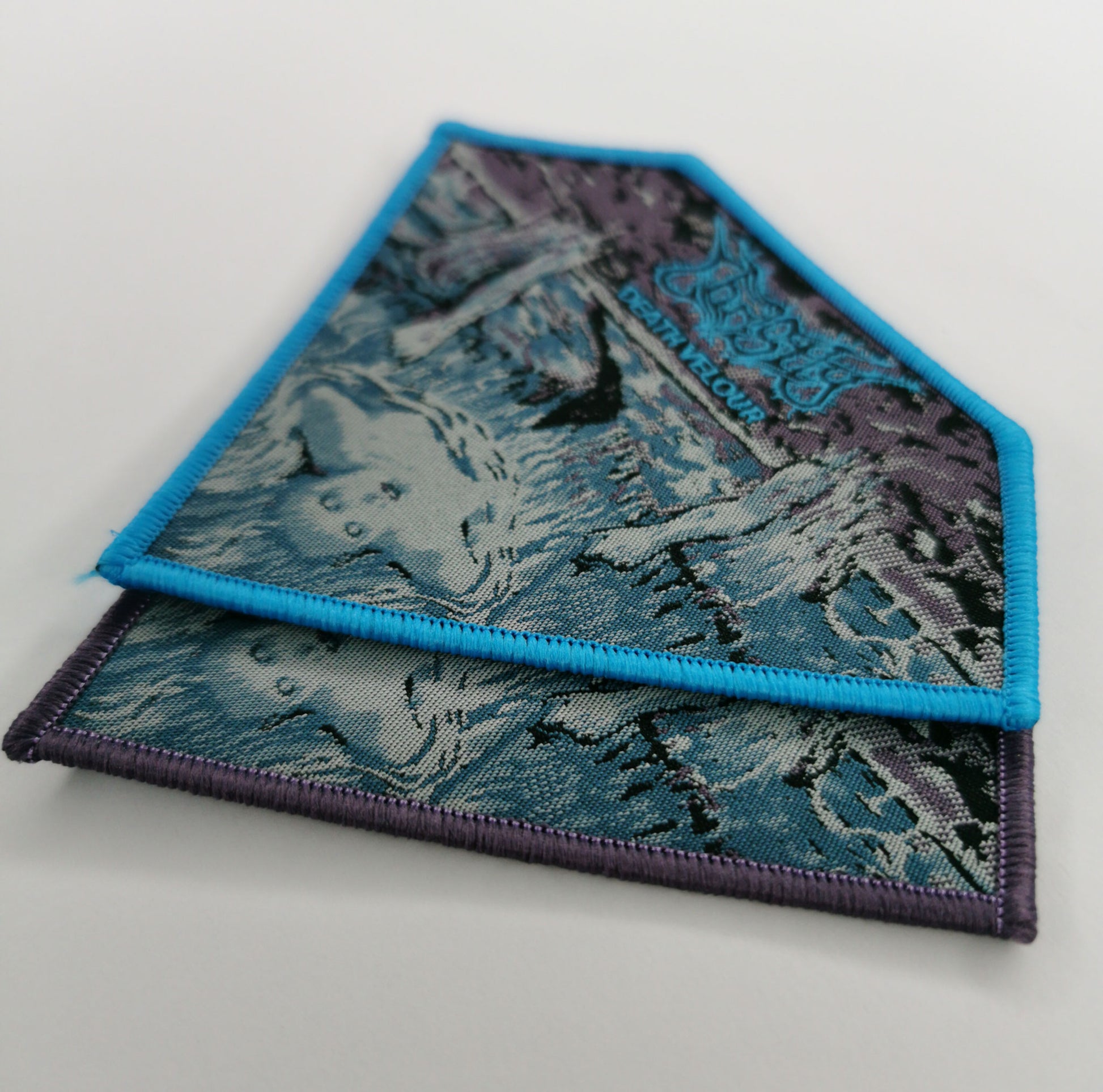 Ghastly Death Velour Light Blue and Purple Border Woven Metal Patches Finnish Death Metal