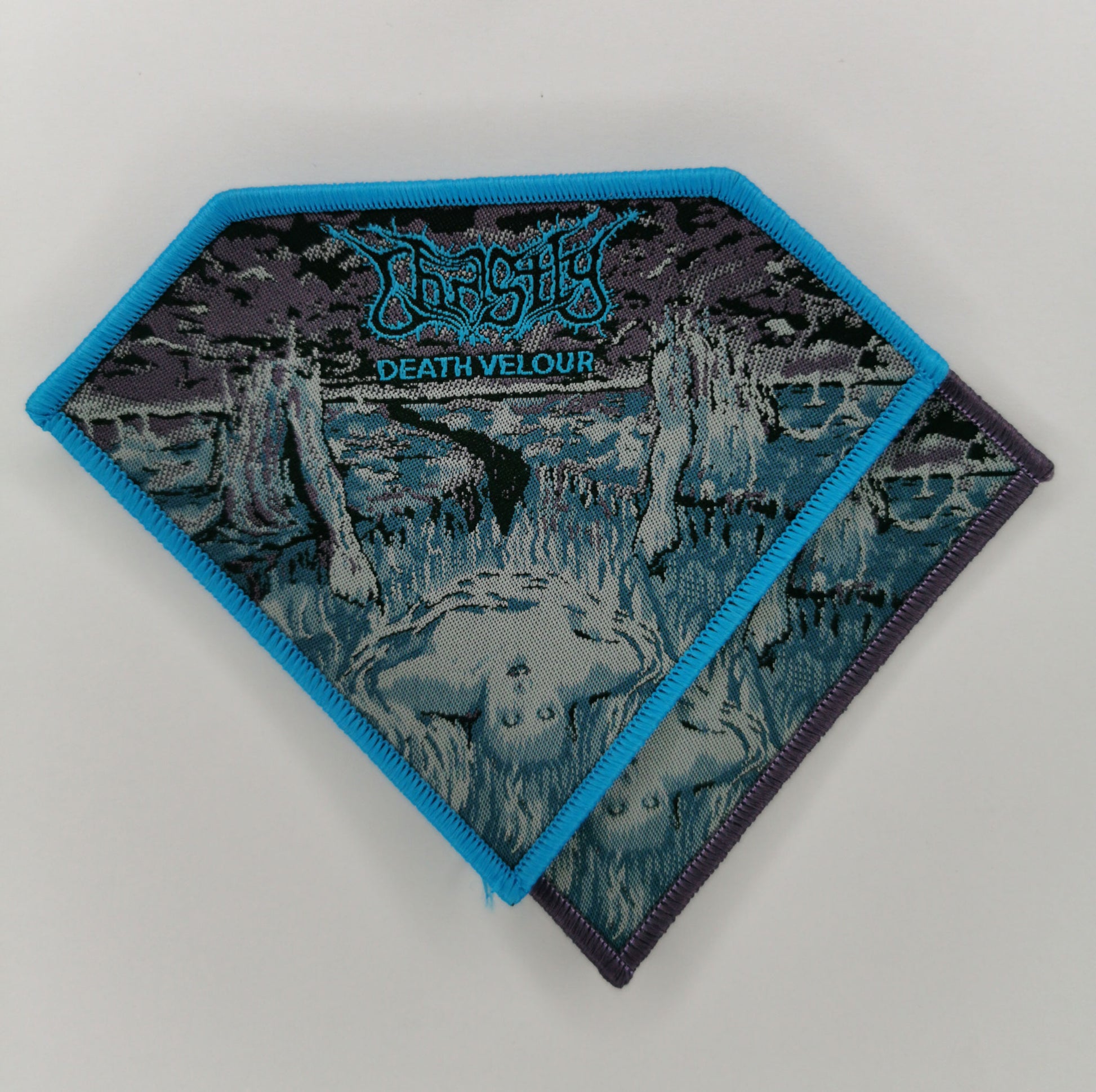 Ghastly Death Velour Light Blue and Purple Border Woven Patches Finnish Death Metal